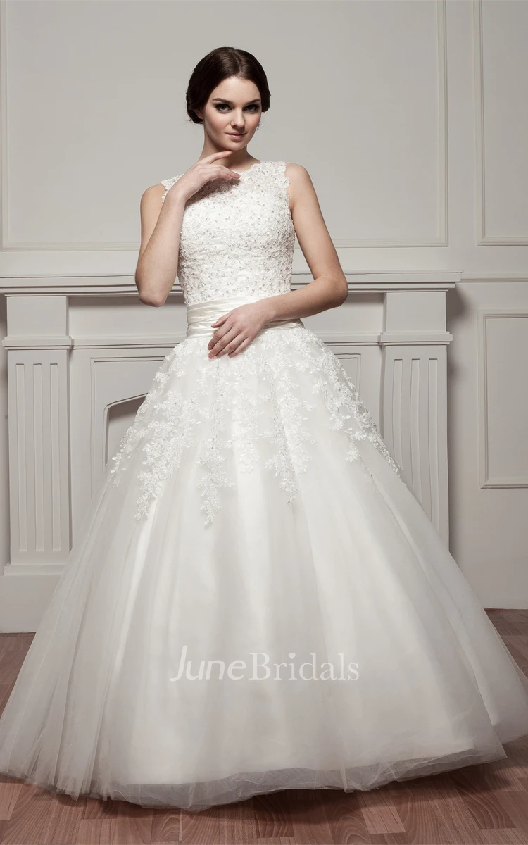 Bateau-Neck Sleeveless Ball Gown with Appliques and Tulle Overlay