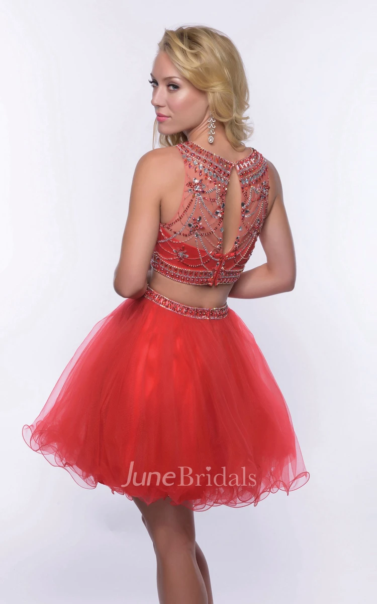Two Piece Sleeveless Jewel Neck Tulle Short Homecoming Dress With Glimmering Bodice