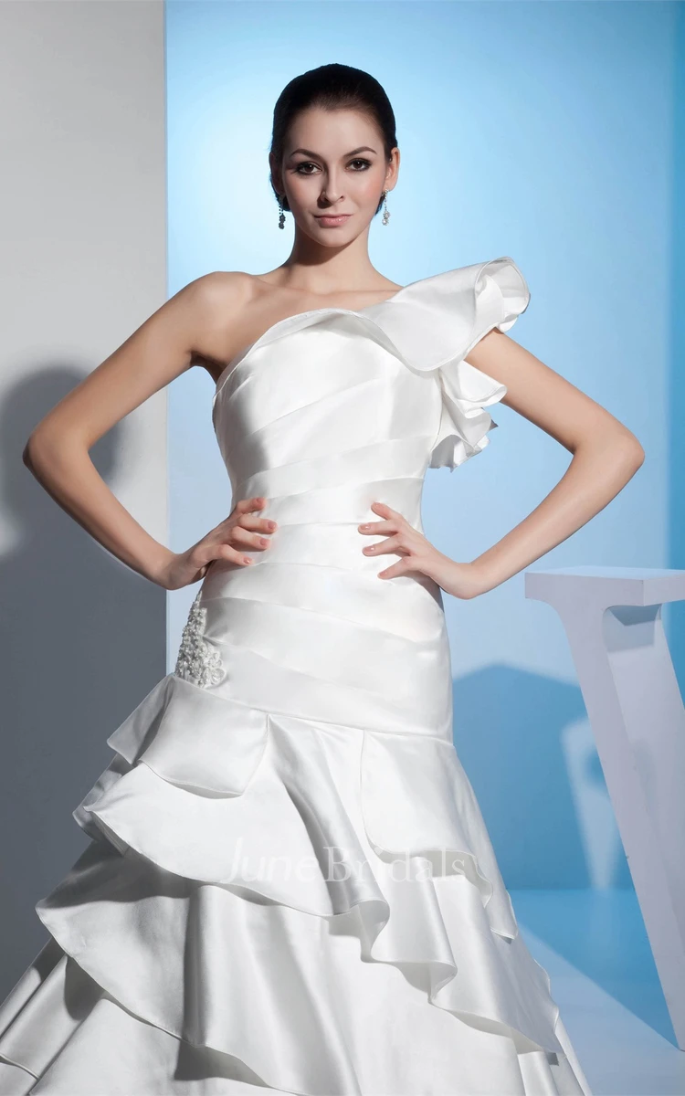 One-Shoulder Ruched A-Line Gown with Tiers and Appliques