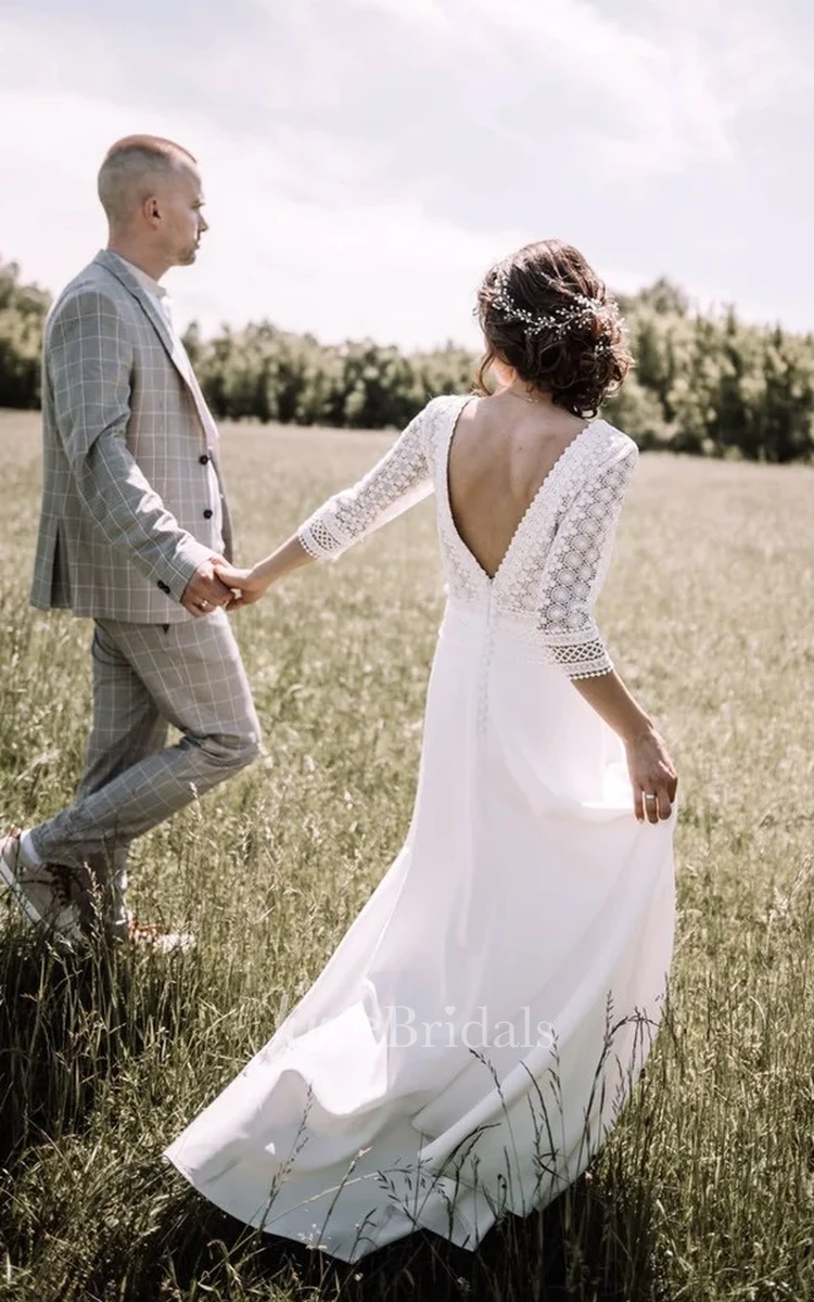 Country A Line Lace Boho 3/4 Sleeve Spring Wedding Dress Vintage Deep V Back Floor Length Bridal Gown