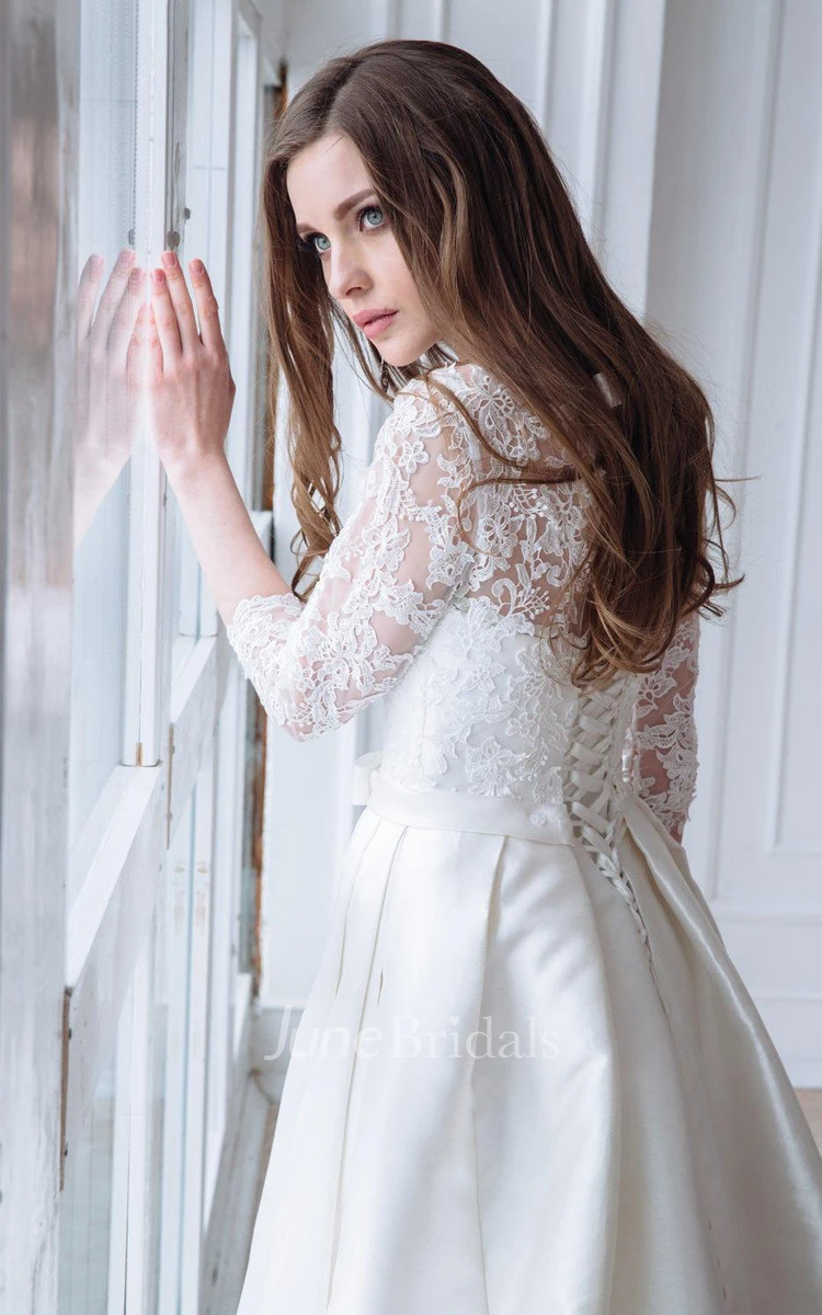Scoop-Neck Lace 3/4 Length Sleeve A-Line Satin Wedding Dress With Corset Back