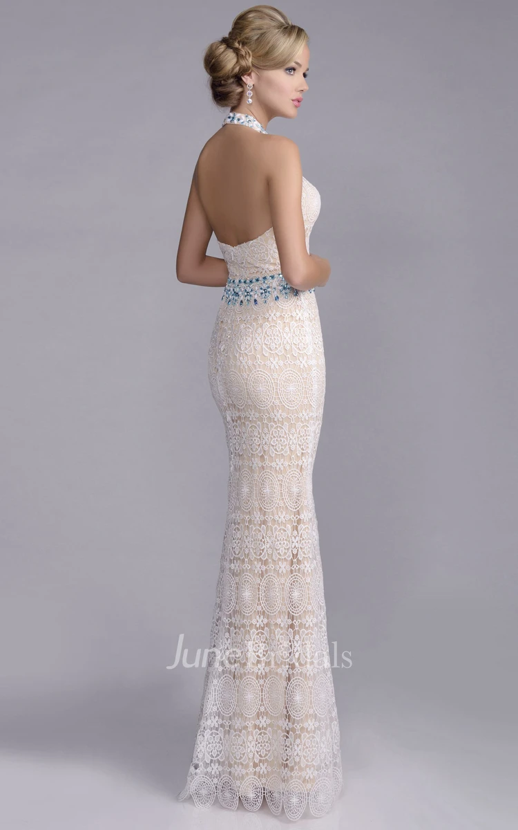 Halter Sheath Lace Prom Dress With Rhinestones On Waist And Neck