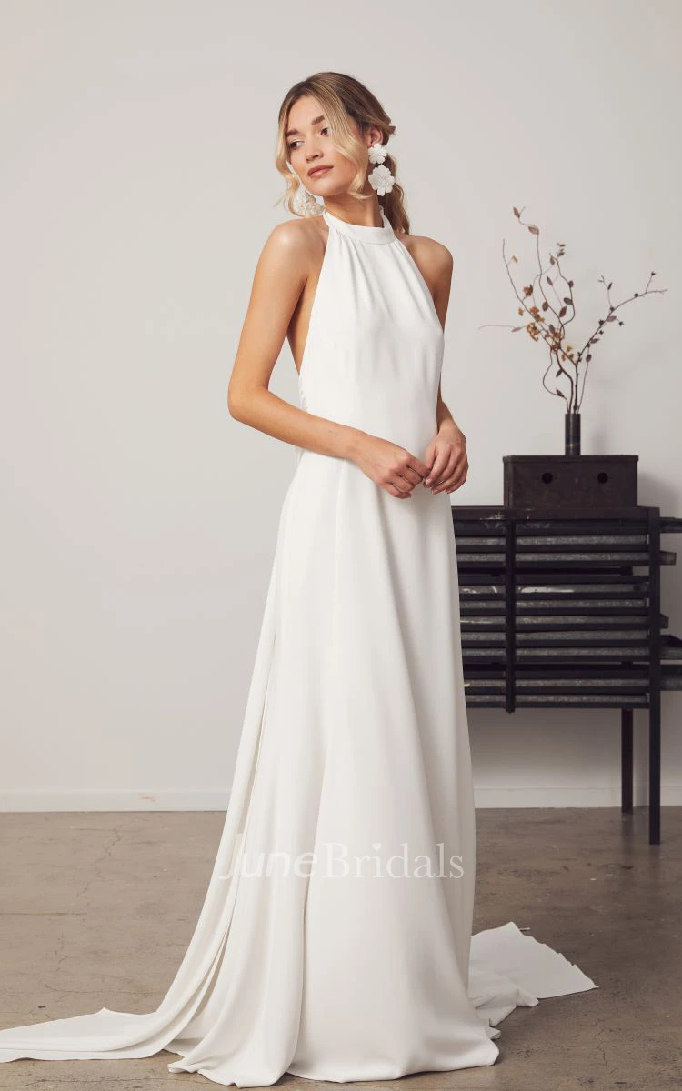 Romantic Satin A-Line Halter Sexy Garden Wedding Dress With Deep-V Back