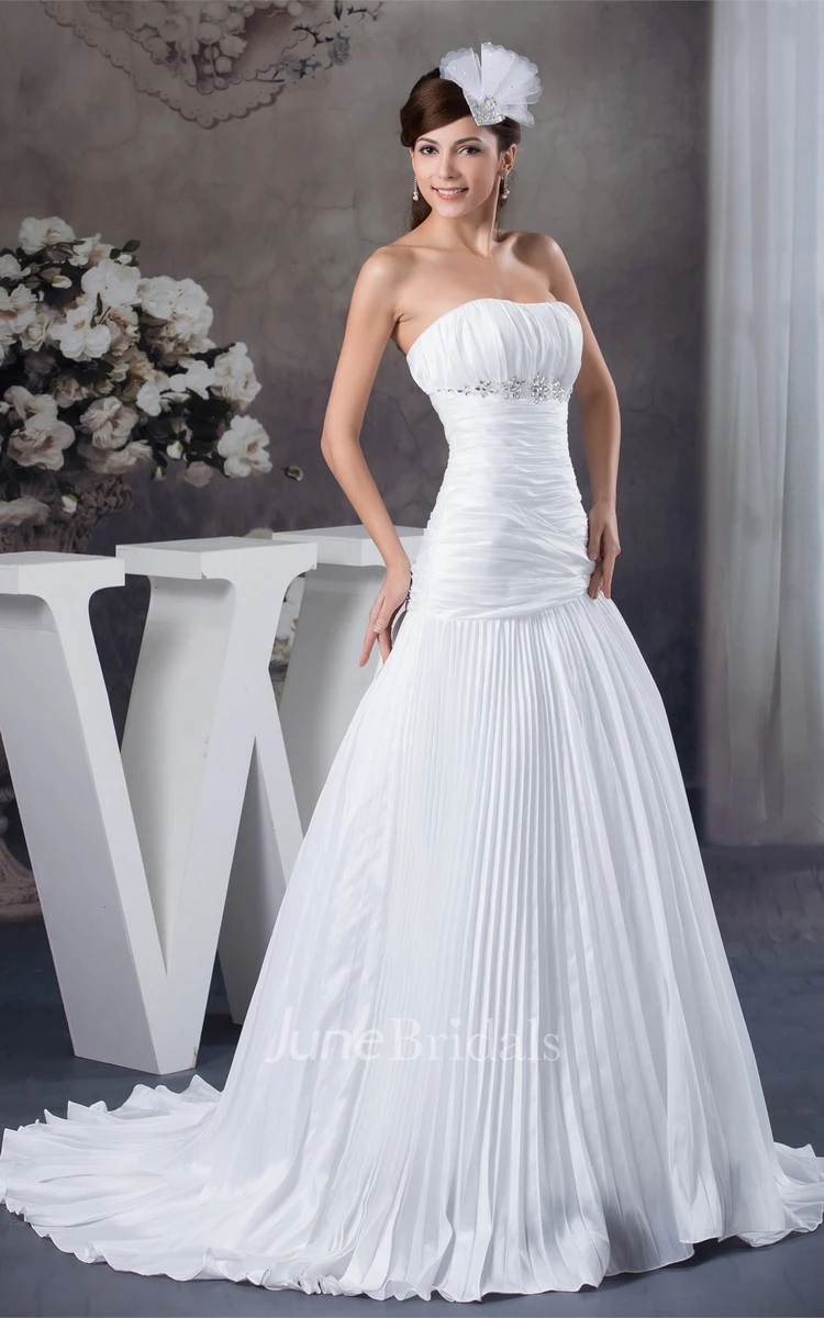 Strapless Pleated A-Line Dress with Beading and Ruched Top