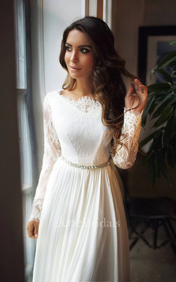 Modest Long Sleeve Western Boho Lace Wedding Dress Elegant A-Line Taffeta Bateau Deep V-Back Bridal Gown