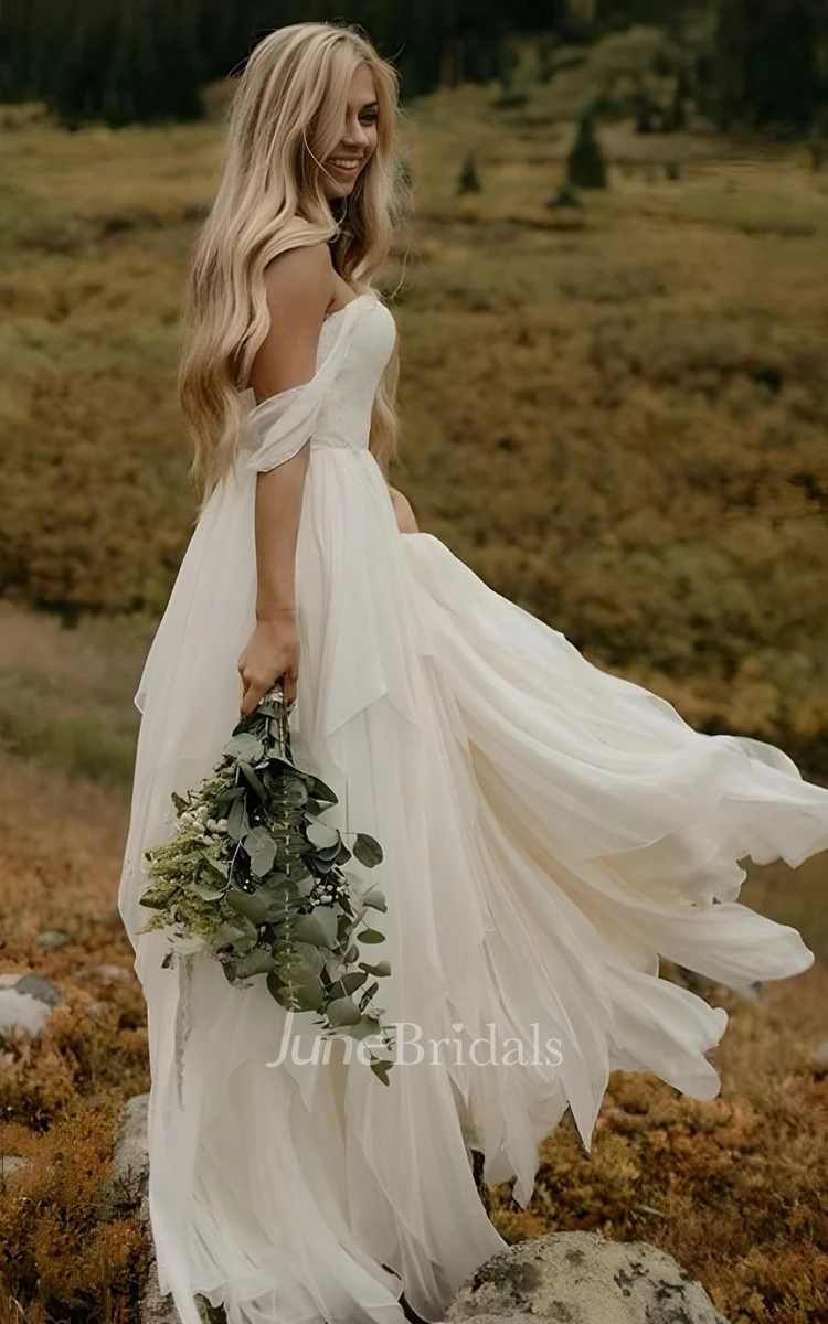 Country Boho Sweetheart Off-the-shoulder Ethereal Chiffon Floor Length Bridal Gown