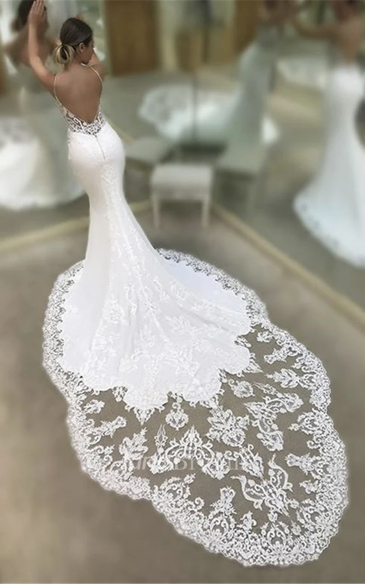 Lace Mermaid Plunging Spaghetti Wedding Dress With Cathedral Train