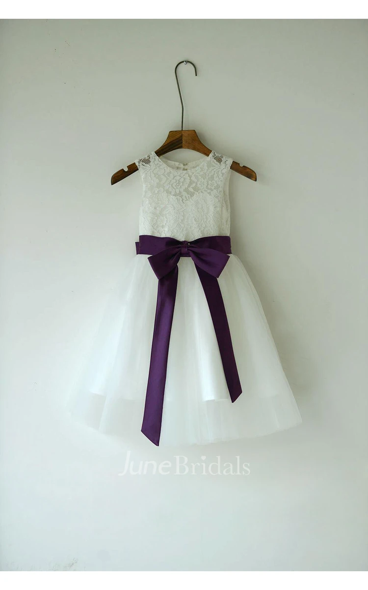 Sleeveless Jewel Neck A-line Lace Dress With Eggplant Sash and Bow