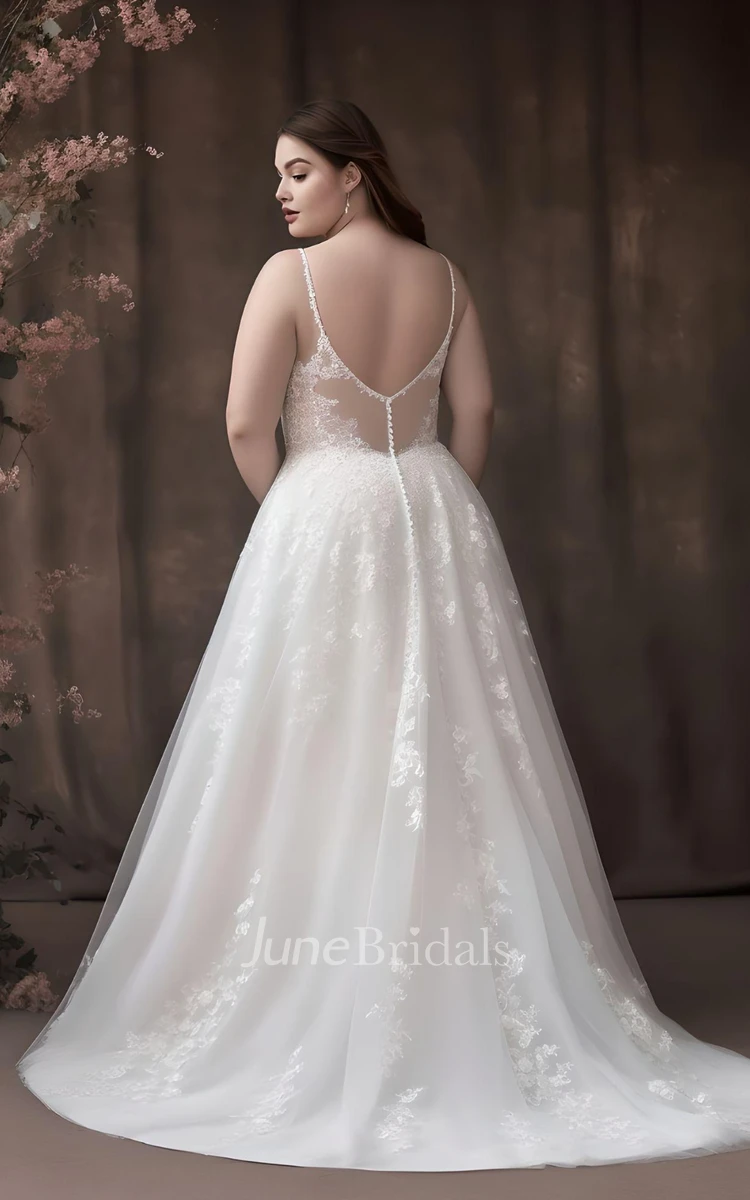 2024 Plus Size A-Line Tulle Sleeveless Wedding Dress Simple Sexy Bohemian Elegant Plunging Neckline Country Garden