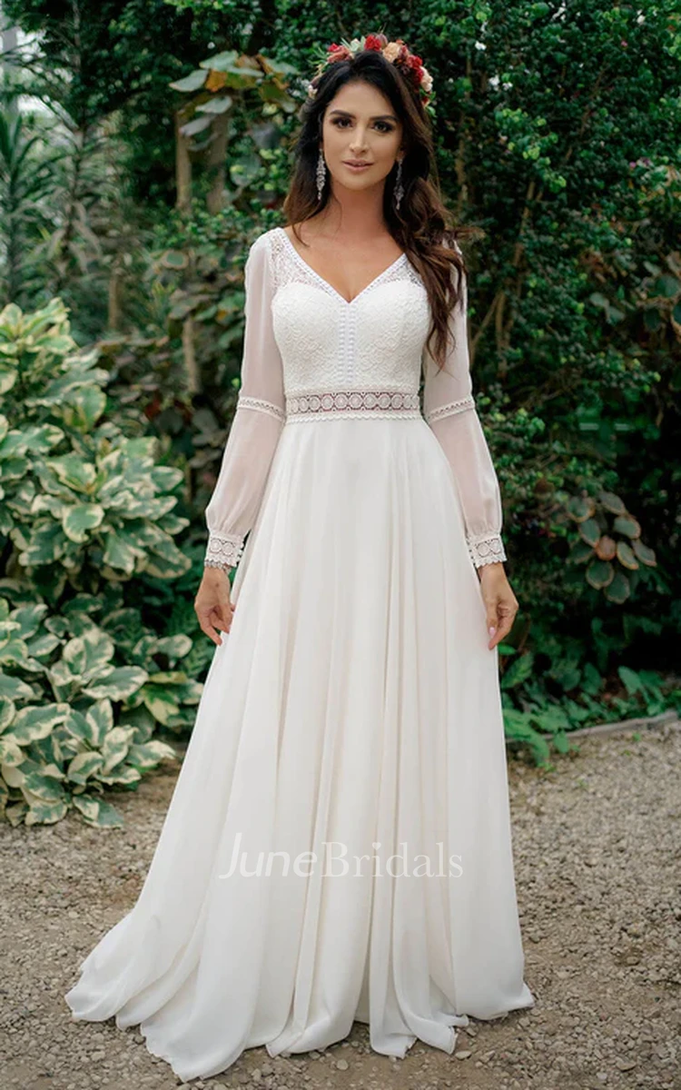 Deep V Neckline, Wedding Dress Illusion Lace Long Sleeves