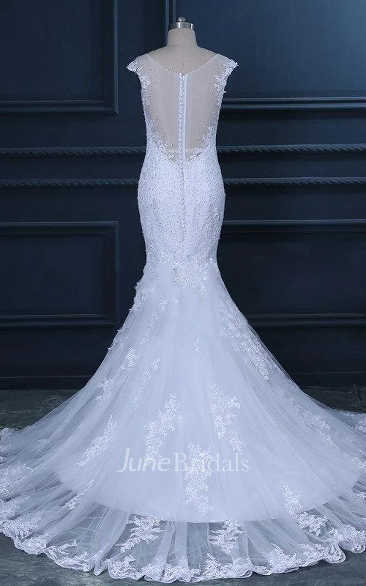 Mermaid Cap Tulle Dress With Appliques And Illusion Back