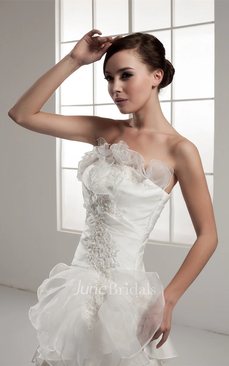 Strapless Ruched A-Line Dress with Lace and Cascading Ruffles