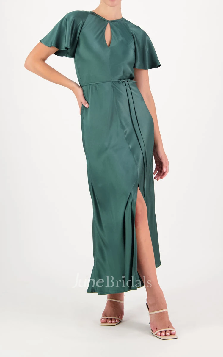 Casual Charmeuse A Line Notched Neckline Bridesmaid Dress with Open Back and Split Front