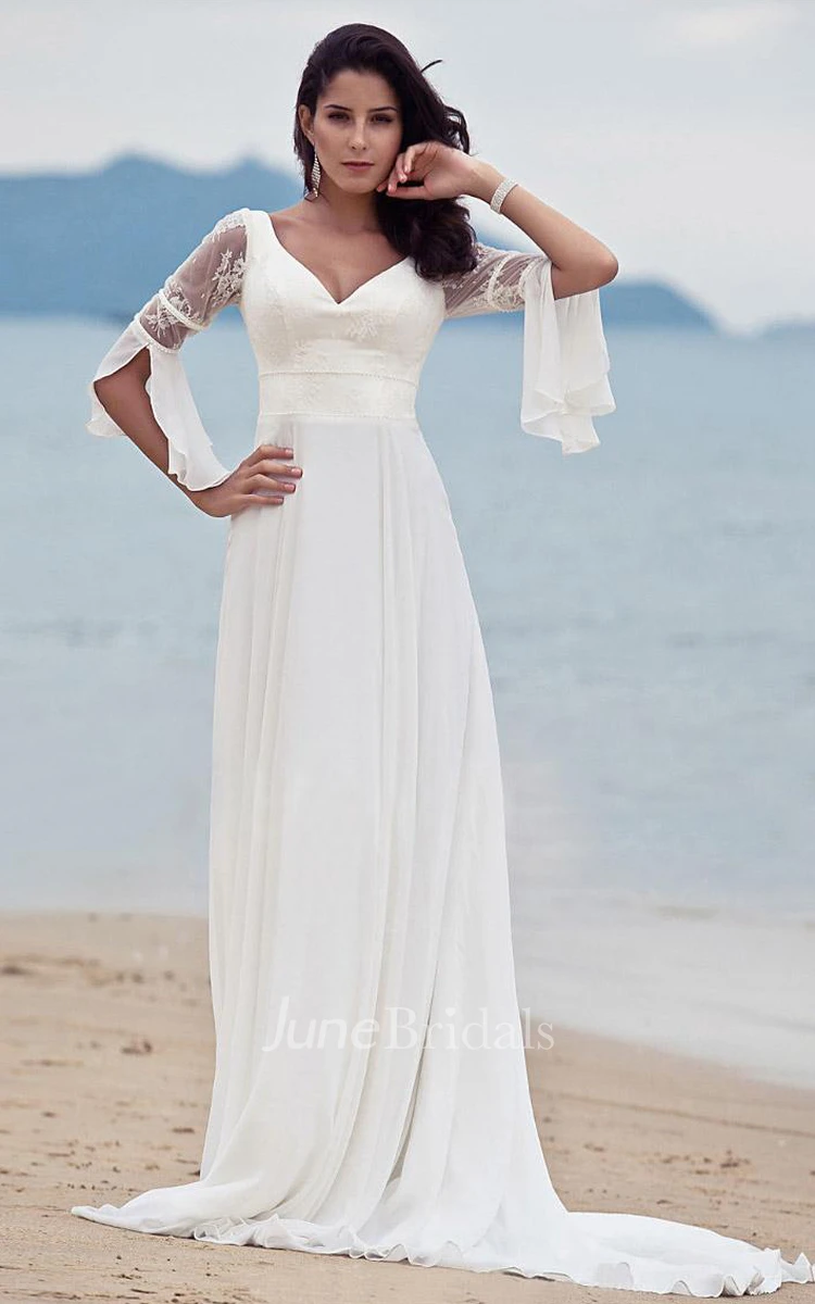 A Line V-neck Chiffon Lace Floor-length Half Sleeve Wedding Dress