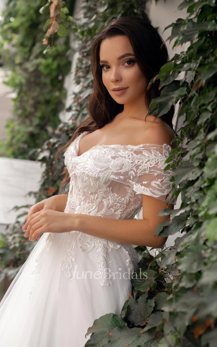 Ethereal Tulle Off-the-shoulder Ball Gown Sweep Train Wedding Dress with Ruching