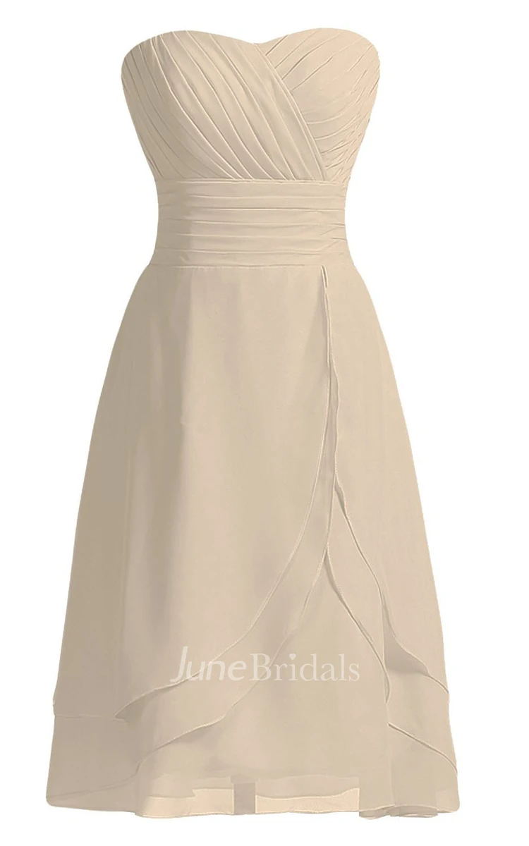 Strapless Asymmetrical Ruched Midi-length Layered Chiffon Dress
