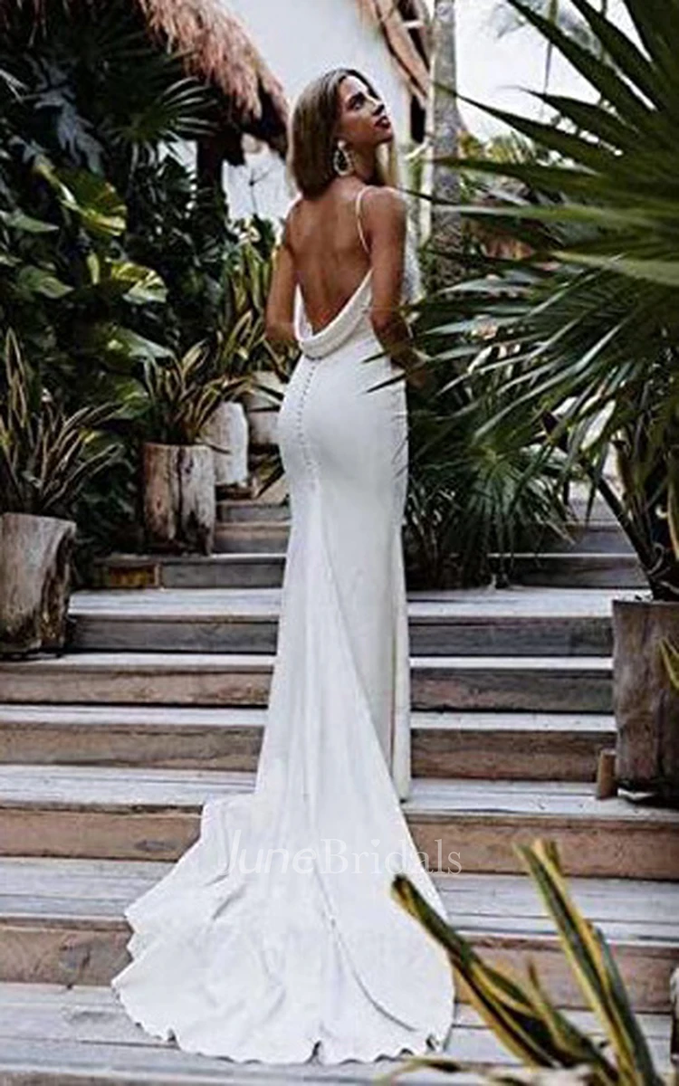 Mermaid V-neck Satin Wedding Dress Simple Western Elegant Romantic Adorable Beach Summer Garden With Open Back And Sleevesless 