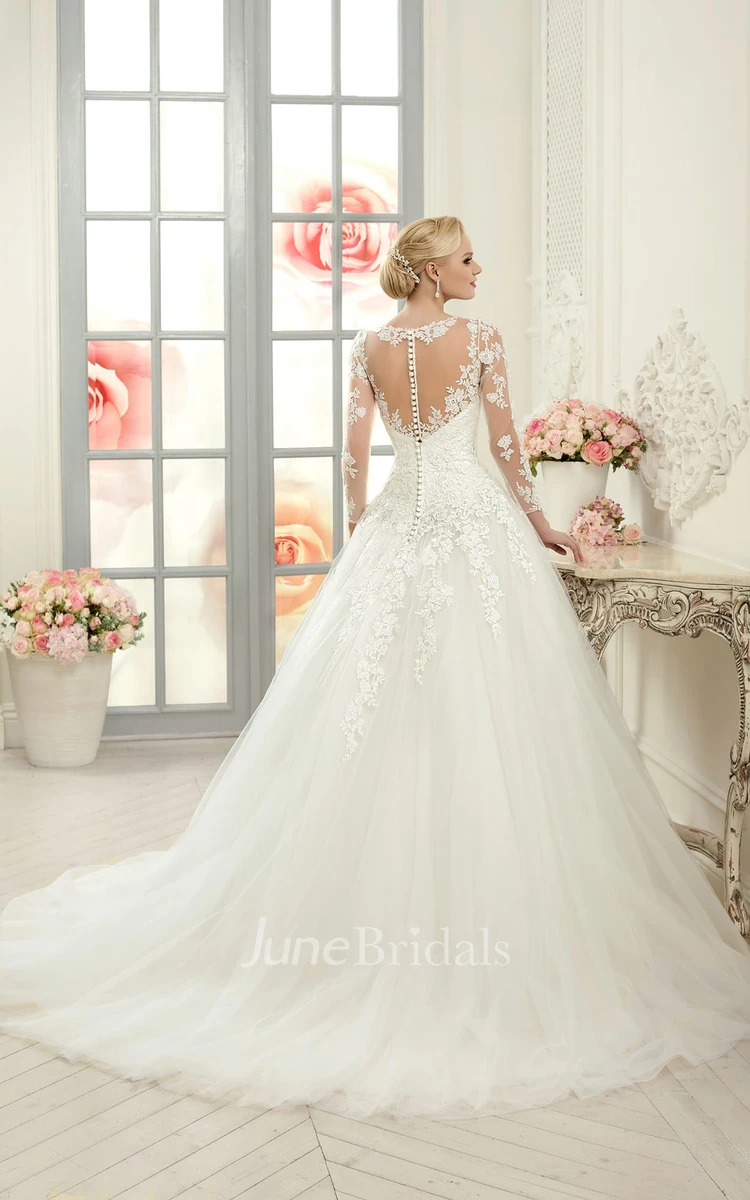 Ball Gown Floor-Length Bateau Long-Sleeve Illusion Tulle Lace Dress With Appliques