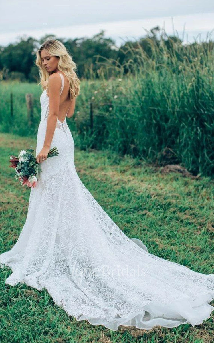 A Line Bohemian Low V Back Full Lace Beach Garden Bridal Gowns