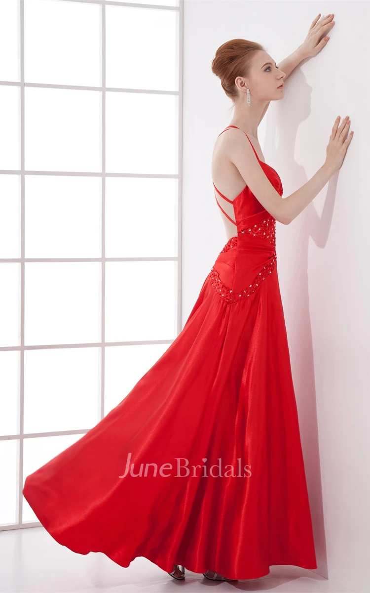 spaghetti-strap satin ankle-length dress with pleats and beading