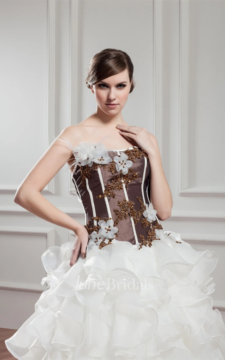 Strapless Appliqued Ball Gown with Flower and Cascading Ruffles