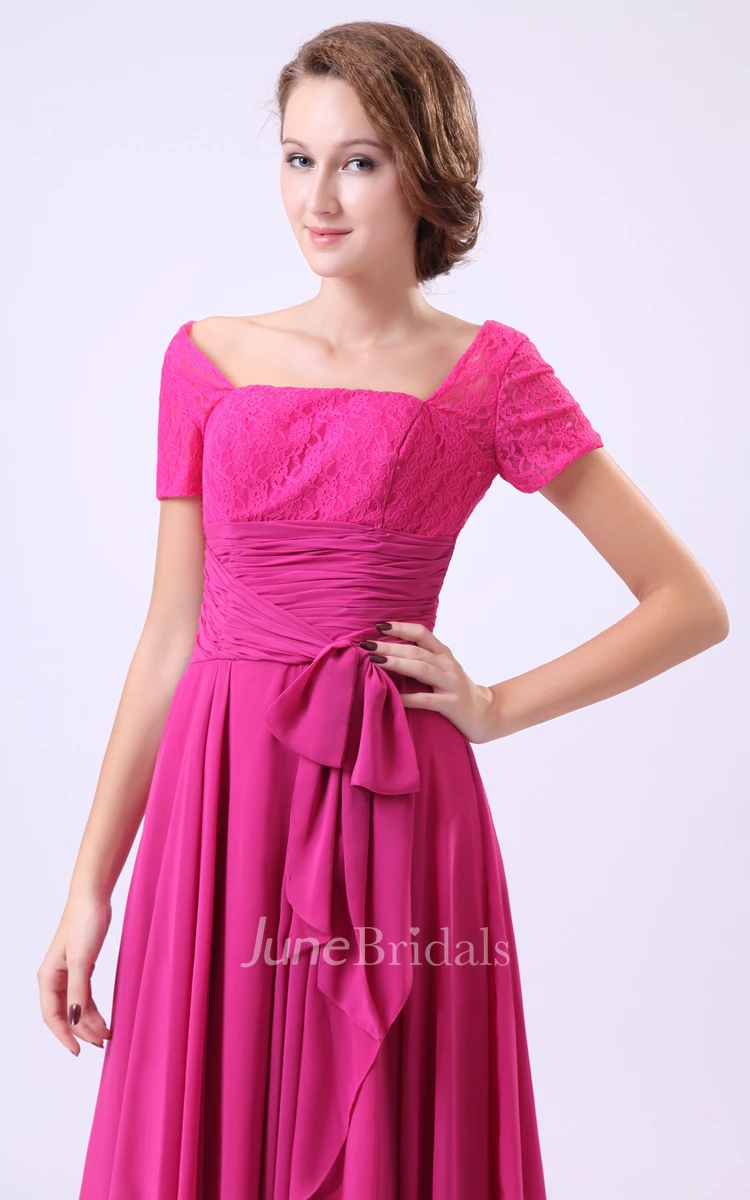 Chiffon Square-Neck-Sleeve Dress With Laced Top And Draping