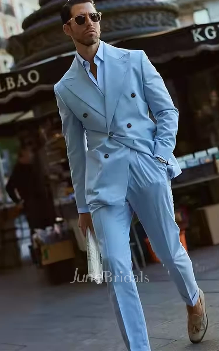 Stylish Casual Light Blue Men's Wedding Suits Trendy Chic Two-Piece Double-Breasted Blazer Pants Men's Party Prom Suits