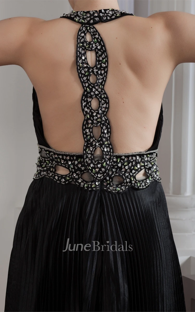 Plunged A-Line Floor-Length Gown with Beading and Keyhole