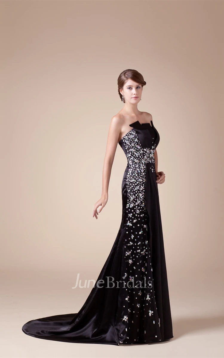 Sequined A-Line Strapless Satin Dress with Court Train