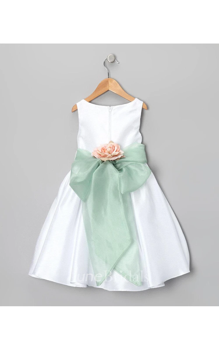 Sleeveless Jewel Neck A-line Satin Dress With Organza Sash and Pin-On Flower