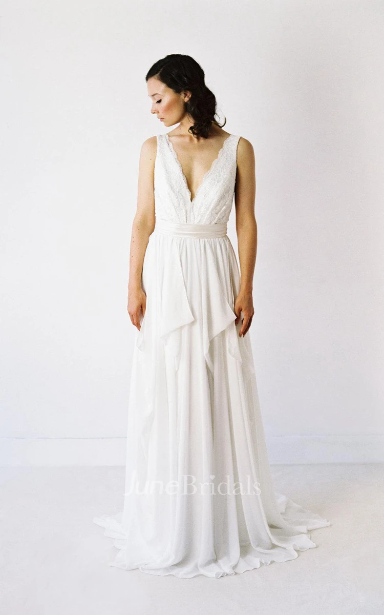 V-Neck Sleeveless Long Chiffon Wedding Dress With Lace Bodice