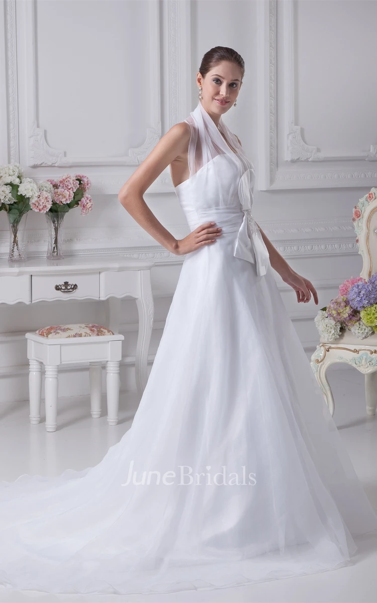 Strapless A-Line Halter Gown with Bowed Sash Zipper Back