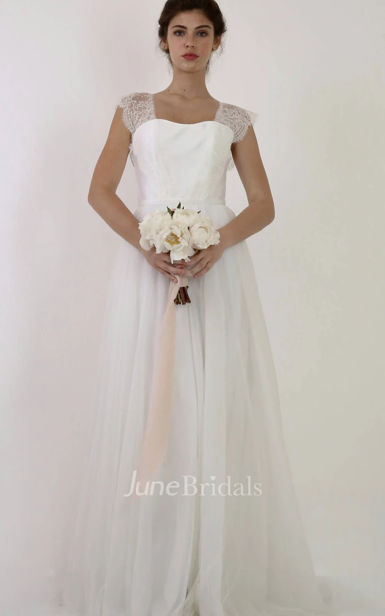 Bohemian Scoop Tulle Sleeveless Floor-Length A Line Wedding Dress With Bow