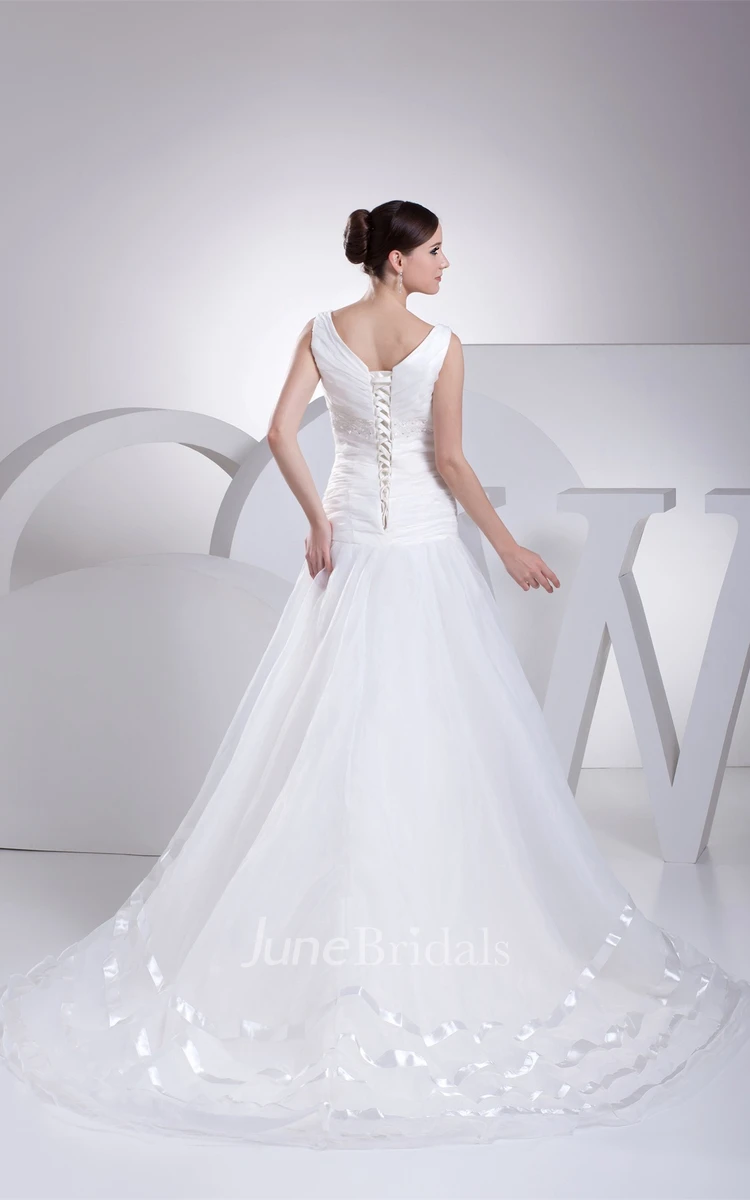 V-Neck Sleeveless A-Line Dress with Beading and Tulle Overlay