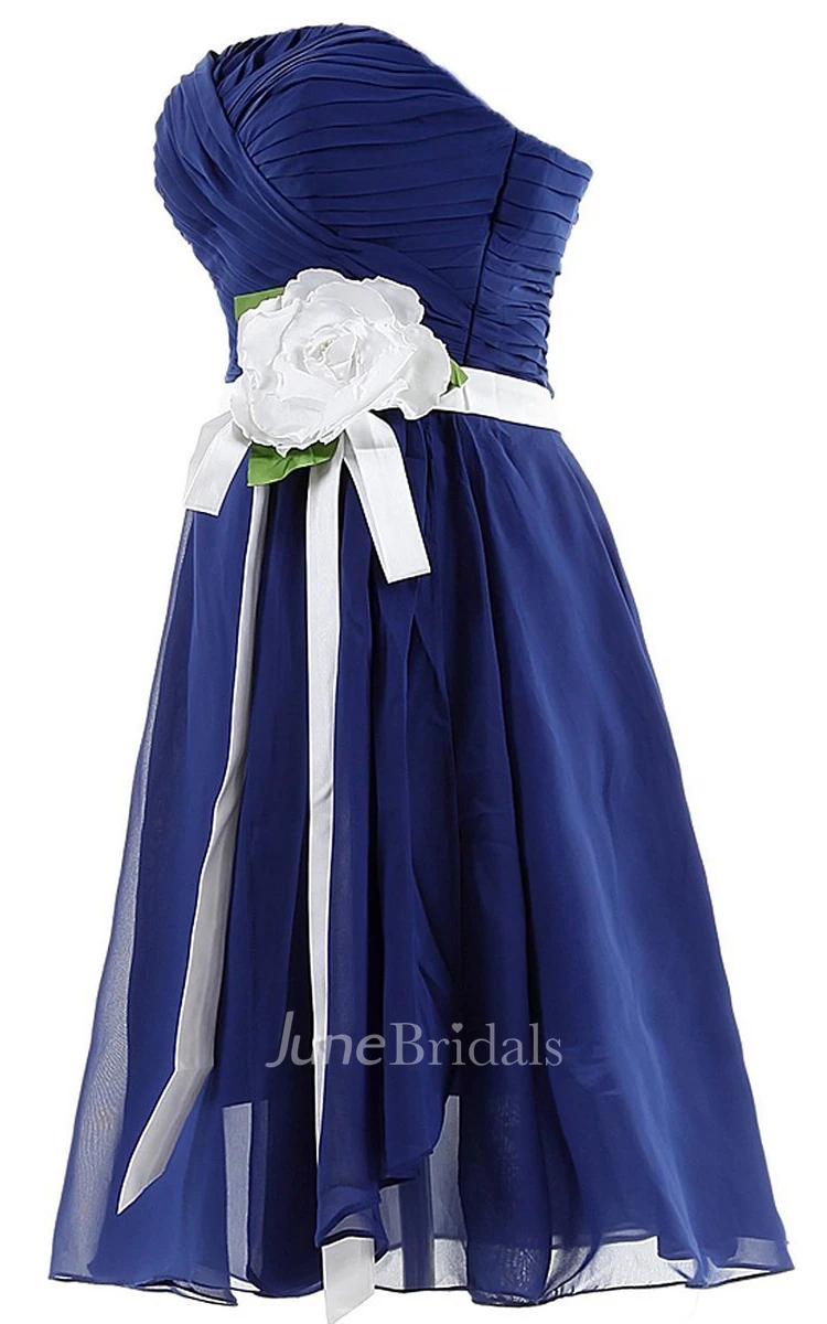 Strapless Ruched A-line Gown With Flower and Sash