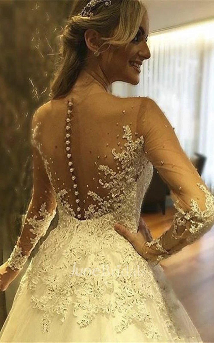 Ball Gown Illusion Neckline See Through Tulle Long Sleeve Corset Wedding  Dress With Crystals