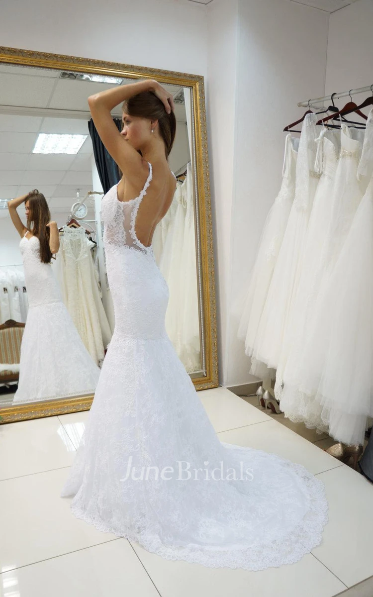 Spaghetti Strap Backless Lace Mermaid Wedding Dress With Court Train