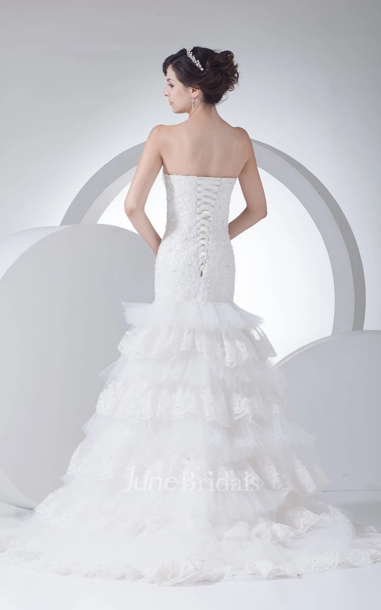 Intricate Strapless Column Dress With Tiers and Beaded Bodice