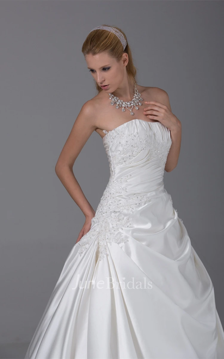 Strapless Ruched Satin Ball Gown with Appliques and Pick Up