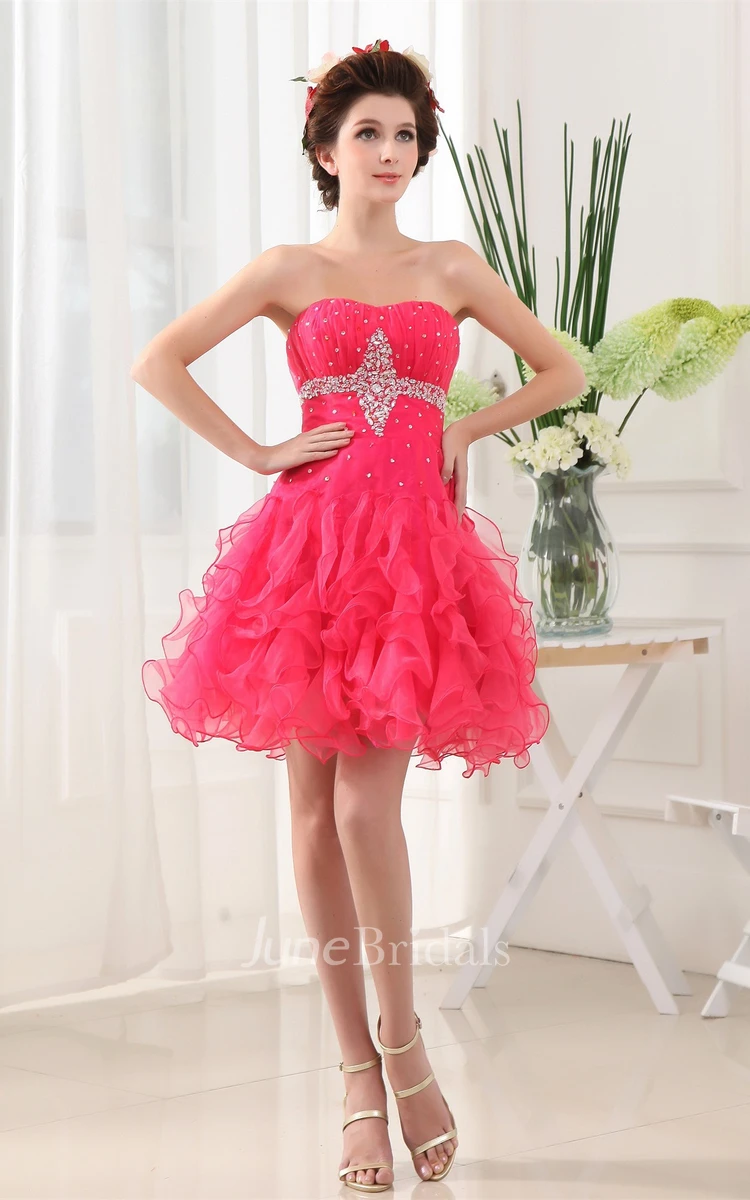 Simple A Line Tulle Ruffle Pink Prom Dresses Strapless Modest Formal E