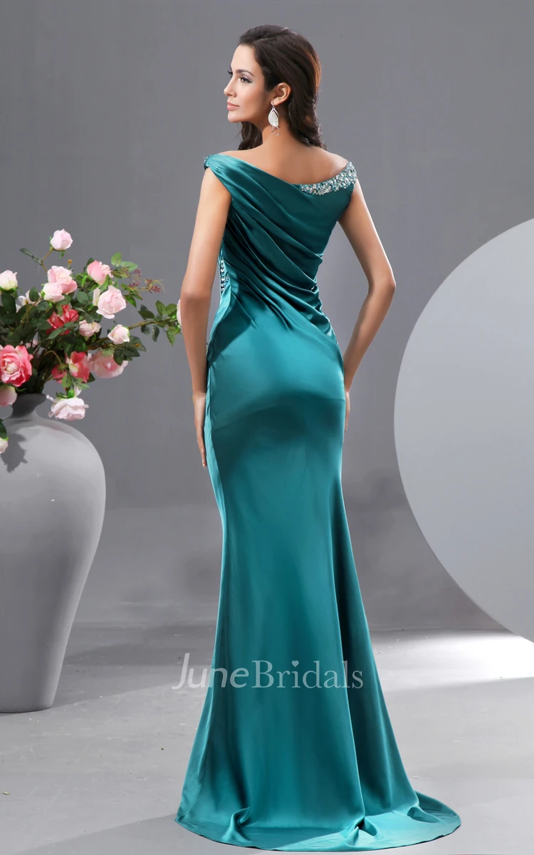 Satin Stretch Off-Shoulder Siren Sexy Gown With Sequins
