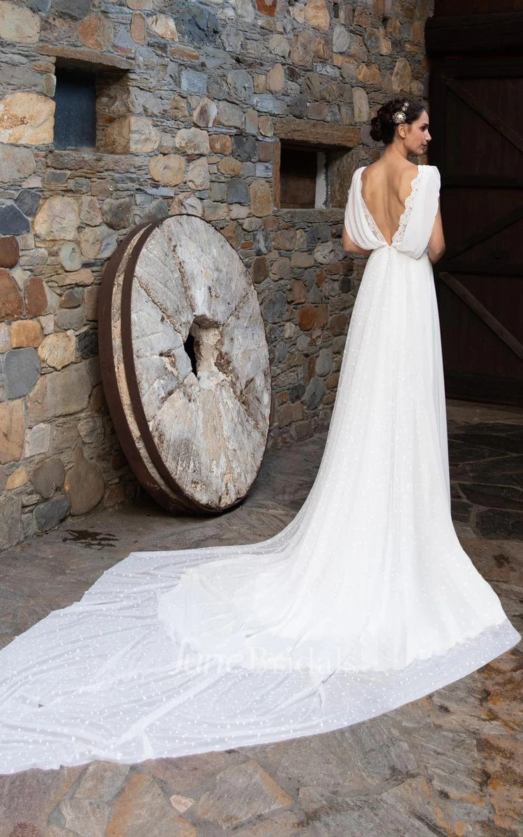 Bohemian A-Line Bateau Satin Wedding Dress With Deep-V Back And Lace