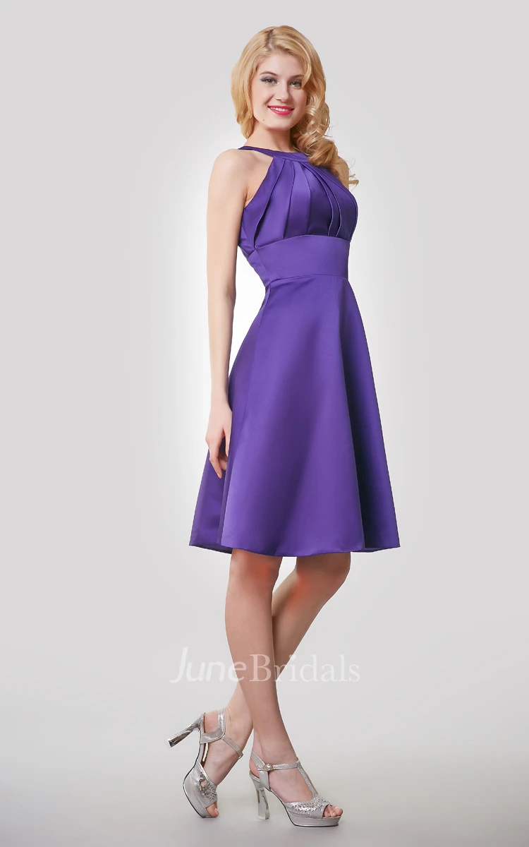 A-Line Satin Knee Length Dress With Keyhole Back and Ruching