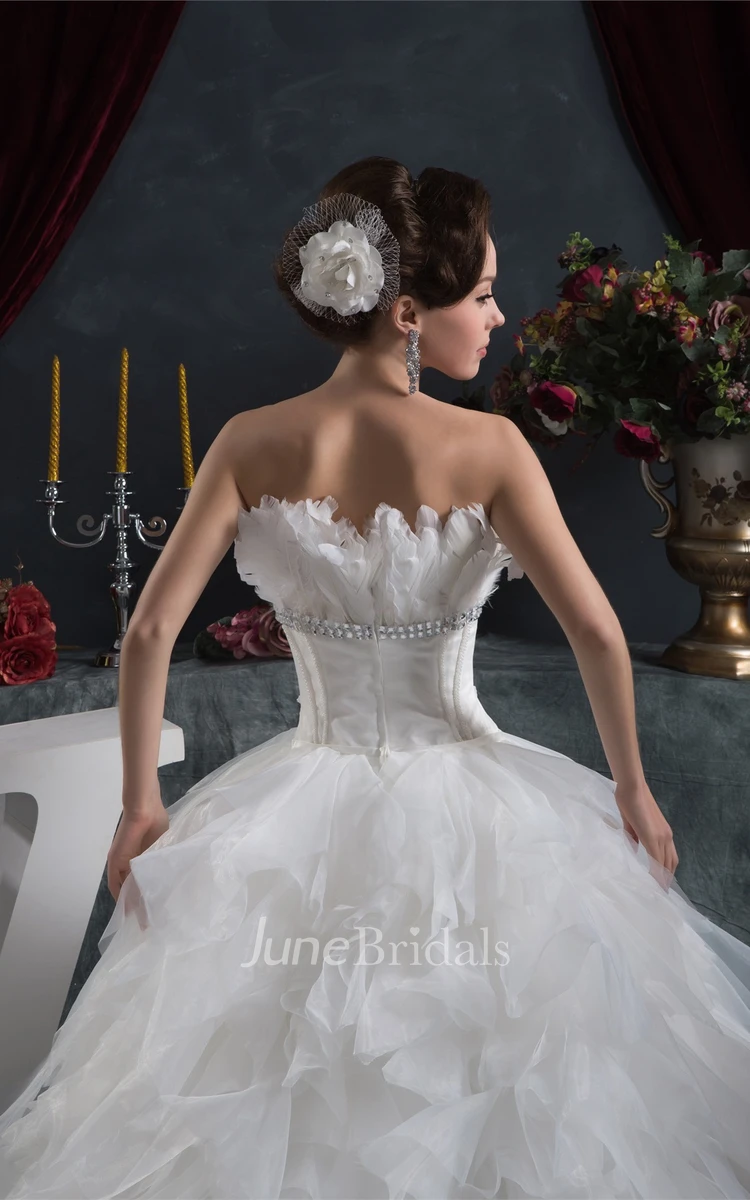 Strapless Ruffled A-Line Gown with Tiers and Jeweled Waist