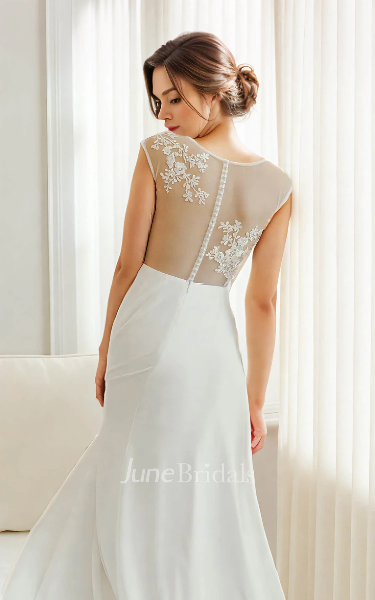 Jewel Neck Sleeveless Elegant Lace Appliques Ankle-length Sheath Wedding Bride Dress with Button Illusion Back