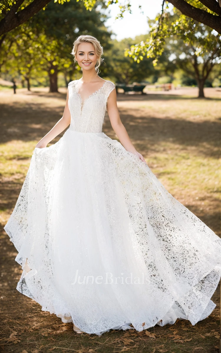 Modest Casual Lace A-Line Wedding Dress Country V-Neck Sleeveless Train Gown