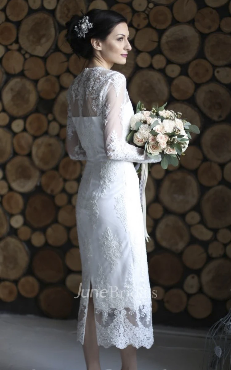Illusion Lace Appliqued Sheath Ankle-length Wedding Dress With Split Back