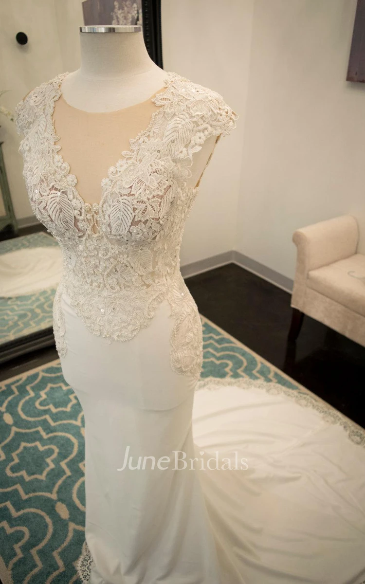 Jewel Illusion Neck Cap Sleeve Fit and Flare Jersey Wedding Dress