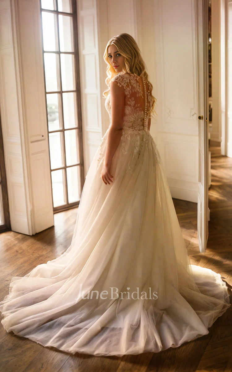 A-Line Plus Size Adorable Tulle Lace Applique Sweep Train Wedding Dress