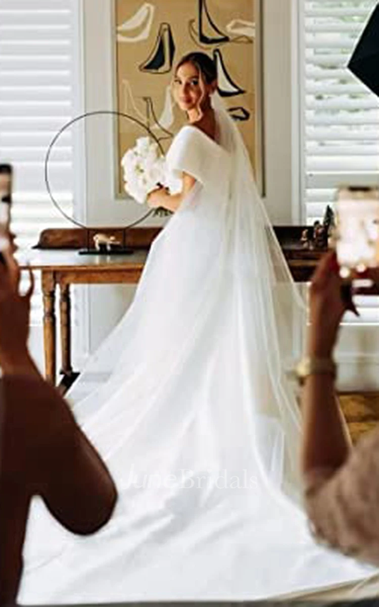 A-Line Off-the-shoulder Satin Wedding Dress Simple Casual Sexy Romantic Beach Garden With Open Back And Short Sleeves 